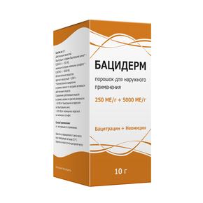 Бацидерм пор-к д/наруж.прим. 250МЕ/г + 5000МЕ/г 10г фл (Бацитрацин + Неомицин)