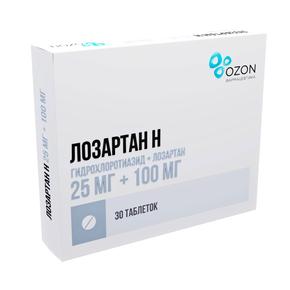 Лозартан н таб п/об/пл 25мг + 100мг №30 /озон/ (Гидрохлоротиазид  +  Лозартан)