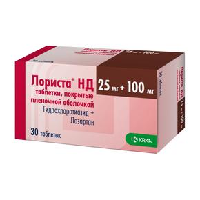 Лориста нд таб п/об/пл 25мг + 100мг №30 (Гидрохлоротиазид + Лозартан)