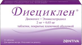 Диециклен таб п/об/пл 2мг + 0,03мг №21 (Диеногест + Этинилэстрадиол)