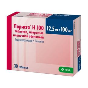 Лориста н таб п/об/пл 12,5мг + 100мг №30 (Гидрохлоротиазид + Лозартан)