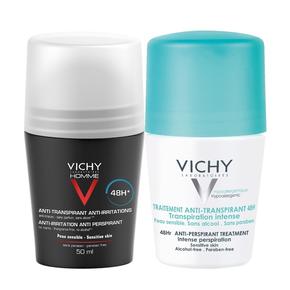 VICHY набор для него и для нее дезодорант-шарик а/персп. 48час. д/чувств. кожи муж. 50мл + дезодорант-шарик а/персп. 48час. п/избыт. потоотдел. регулирующ. жен. 50мл скидка 50% на второй продукт (ВИШИ)