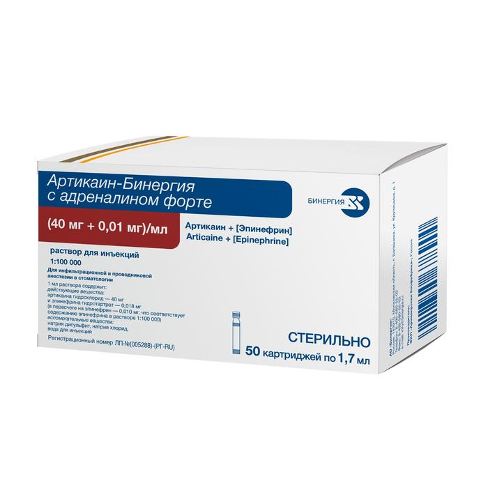Изображение товара Артикаин-бинергия с адреналином форте р-р д/и 40мг + 0,01мг/мл 1,7мл картридж №50