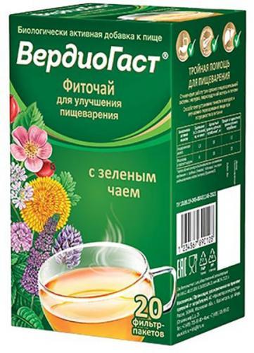 Изображение товара ВЕРДИОГАСТ Фиточай для улучшения пищеварения с зеленым чаем 1,5г ф/пак №20