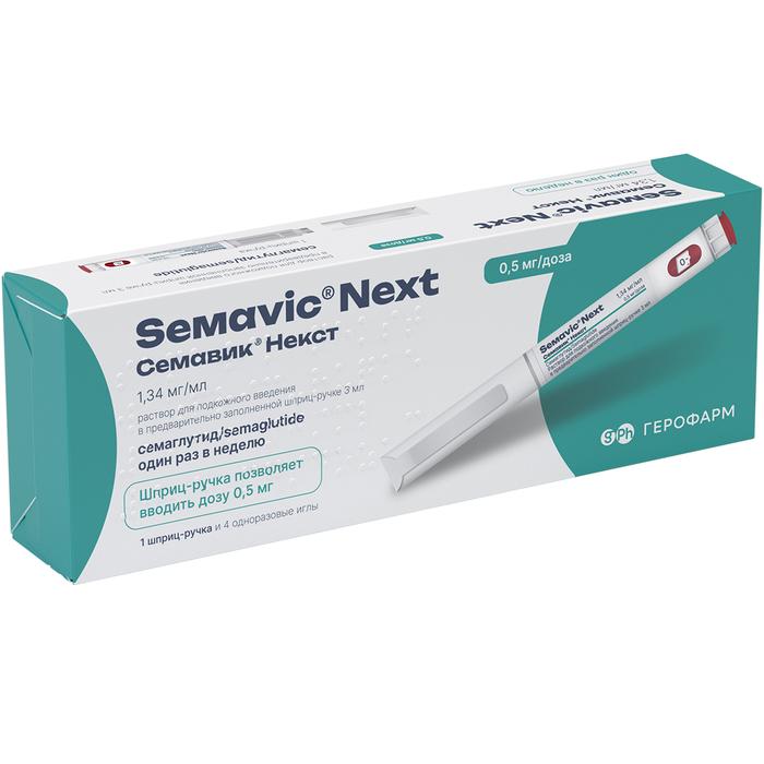 Изображение товара Семавик некст р-р д/и/п/к 0,5мг/доза 3мл шприц-ручка №1 в комплекте с иглами №4 (Семаглутид)