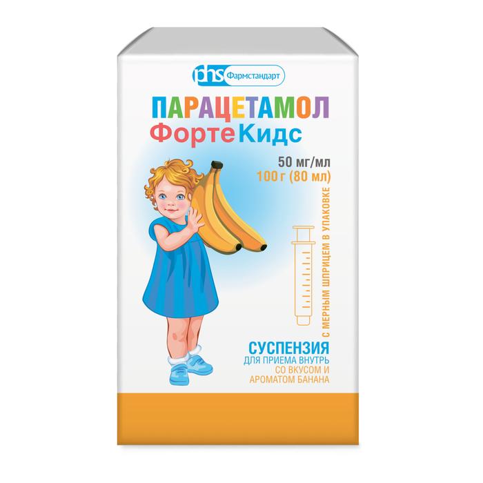 Изображение товара Парацетамол фортекидс сусп. д/вн.прим. 250мг/5мл вкус банана 100г (80мл) фл с мерным шприцем (Парацетамол)