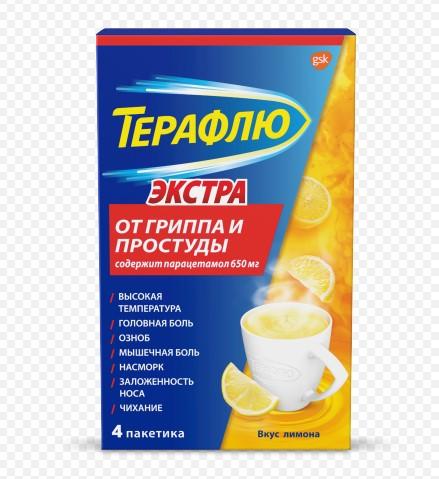 Изображение товара Терафлю экстра пор-к д/приг.р-ра д/вн.прим. 15г пак №4 лимон (Парацетамол + Фенилэфрин + Фенирамин)