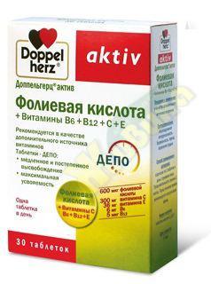Изображение товара Доппельгерц Актив фолиевая кислота витамины В6 В12 С Е 30 таблеток