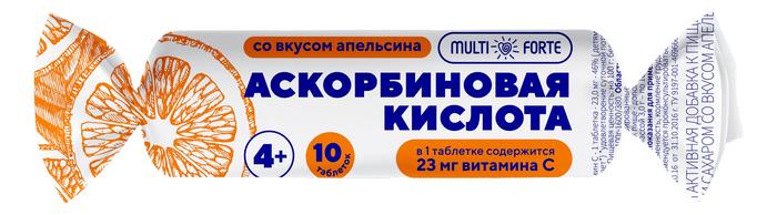Изображение товара МУЛЬТИФОРТЕ Аскорбиновая к-та бад таб 3г №10 апельсин с сахаром крутка /тигода-фарм/ (MultiForte)