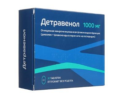 Изображение товара Детравенол таб п/об/пл 1000мг №30 (Очищенная микронизированная флавоноидная фракция (диосмин + флавоноиды в пересчете на гесперидин)