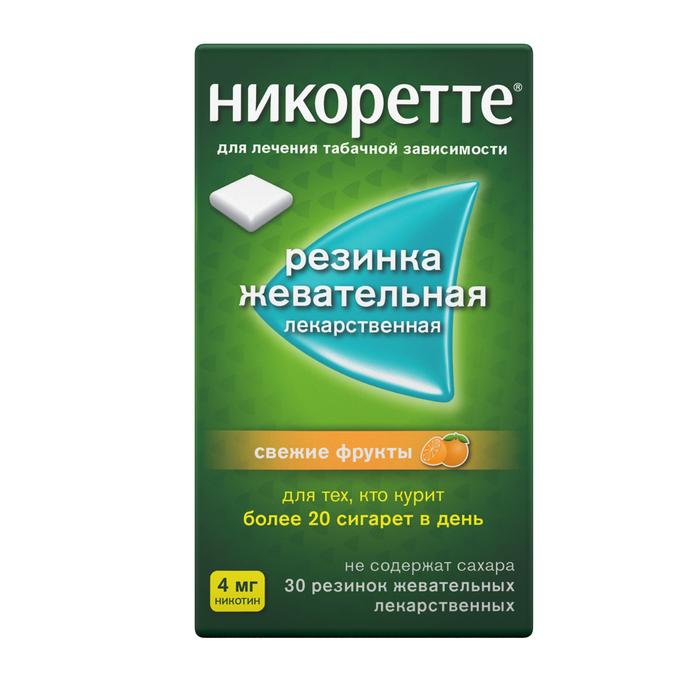 Изображение товара Никоретте резинка жевательная 4мг №30 свежие фрукты (Никотин)