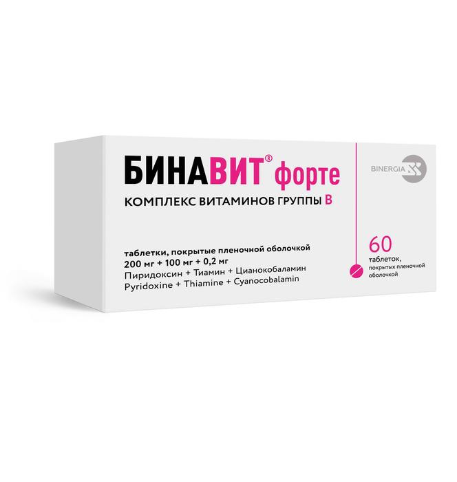 Изображение товара Бинавит форте таб п/пл/об 200мг + 100мг + 0,2мг №60 (Пиридоксин + Тиамин + Цианокобаламин)