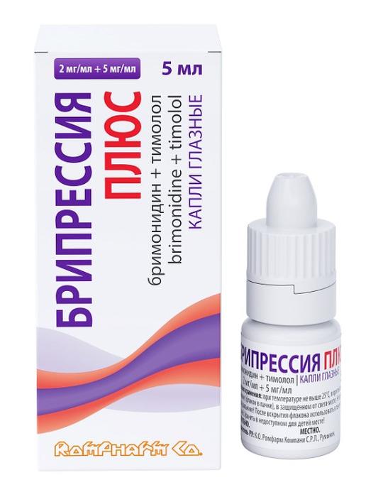 Изображение товара Брипрессия плюс капли глазные 2мг/мл + 5мг/мл 5мл фл (Бримонидин + Тимолол)