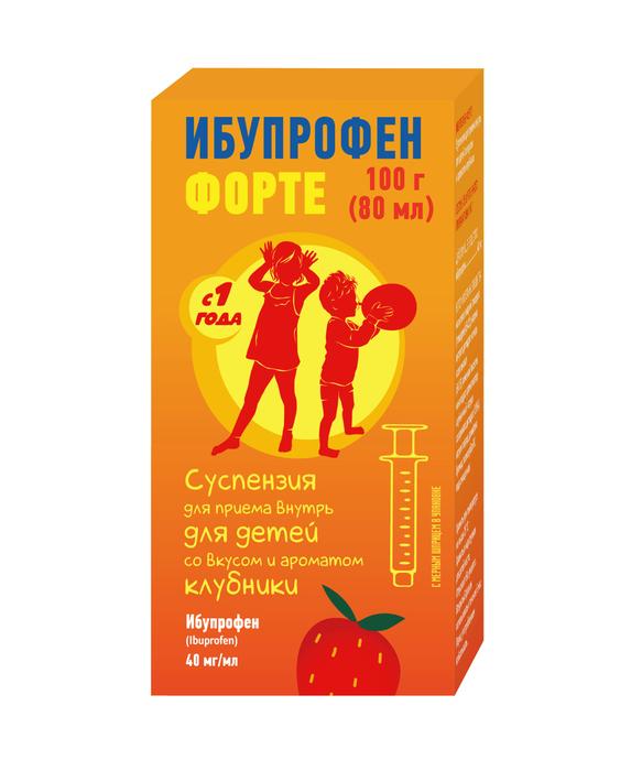 Изображение товара Ибупрофен форте суспензия д/внутр. прим. для детей 40мг/мл клубника 100г (80мл) фл мерный шприц /фармстандарт/ (Ибупрофен)